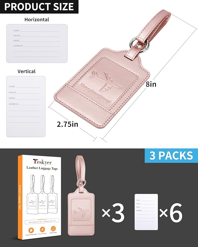 3 Pack Luggage Tags - Quick Install, Privacy Protection, Airplane Travel Essentials for Suitcases, Durable Leather - Rose Gold