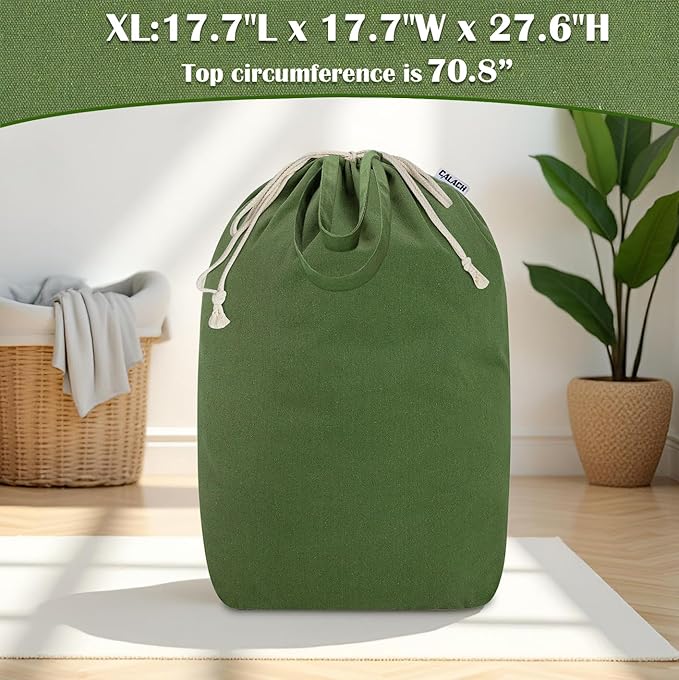 Canvas Laundry Bags with Handles & Square Base 18"Lx18"Wx27.6"H, Extra Large Heavy Duty Laundry Basket Hamper Liner, Washable Drawstring Dirty Clothes Bag Canvas Storage Sack (Army Green XL)