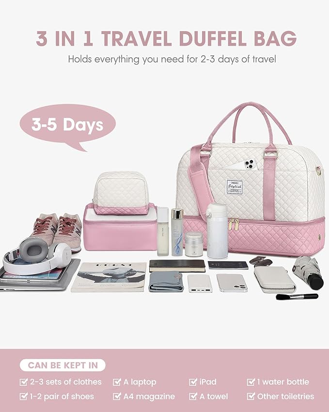 Weekender Travel Duffle Bag for Women: Overnight Bags with Shoe Compartment Carry on duffel Bag for Airplanes with 2 PCS Toiletry Bags Weekend Yoga Gym Hospital Bags with Wet Pocket Beige Pink