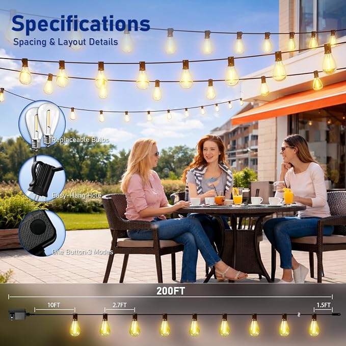 200FT Outdoor String Lights with Remote & Dimmable, 72+2 Shatterproof Waterproof Bulbs, Dimmable Outside Hanging Patio Lights for Backyard, Porch, Deck, Garden 2700K Warm White