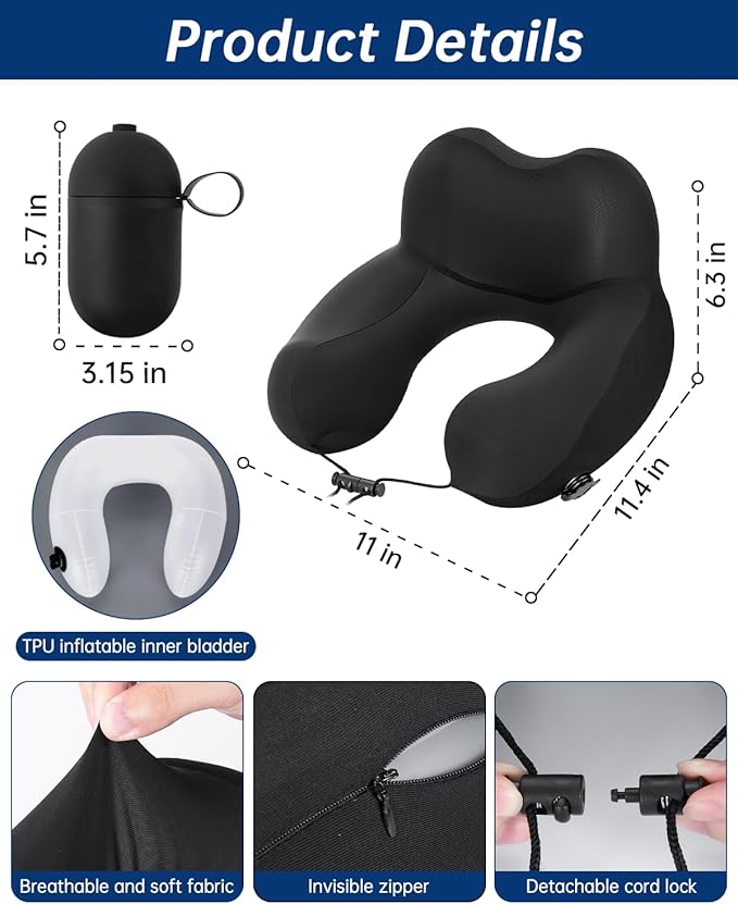 Inflatable Travel Neck Pillow for Airplane with Adjustable 360° Head & Neck Support, 2-in-1 Air Pump and Storage Bag, Soft Removable Washable Cover for Airplane, Train, Car, Office (Black)