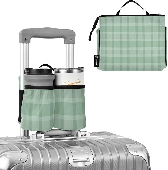 Luggage Cup Holder for Suitcases Free Hands Travel Cup Holder Portable Suitcase Cup Drink Holder Luggage Cup Caddy Bag Carrier Green Stripes Gingham