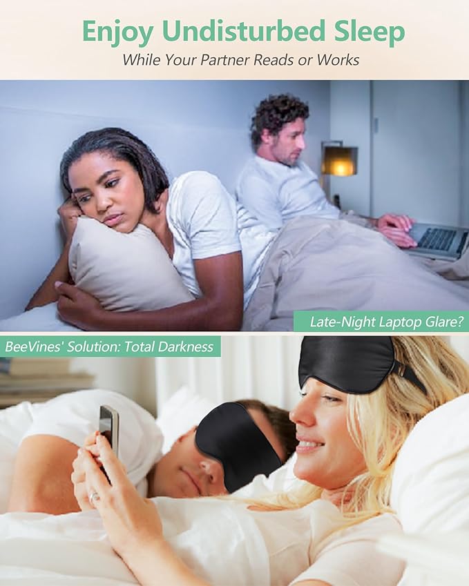 BeeVines Sleep Mask, 2 Pack 100% Real Natural Silk Eye Masks with Adjustable Strap for Sleeping, Mulberry Silk Eye Sleep Shade Cover, Blocks Light Reduces Puffy Eyes Traveling Gifts (Black & Black)
