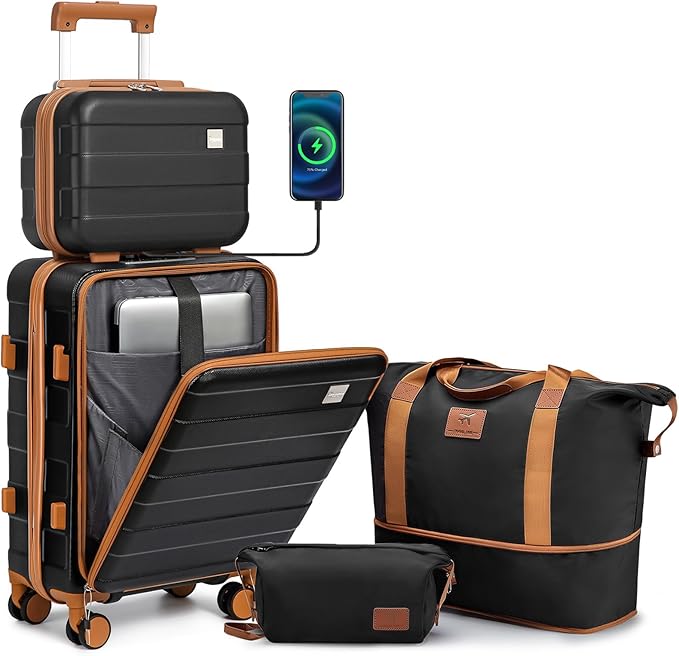 imiomo Carry on Luggage Airline Approved with Front Pocket and USB Port, Hard Shell 20 Inch Travel Carry-on Suitcase with Spinner Wheels and TSA Lock, Black Brown