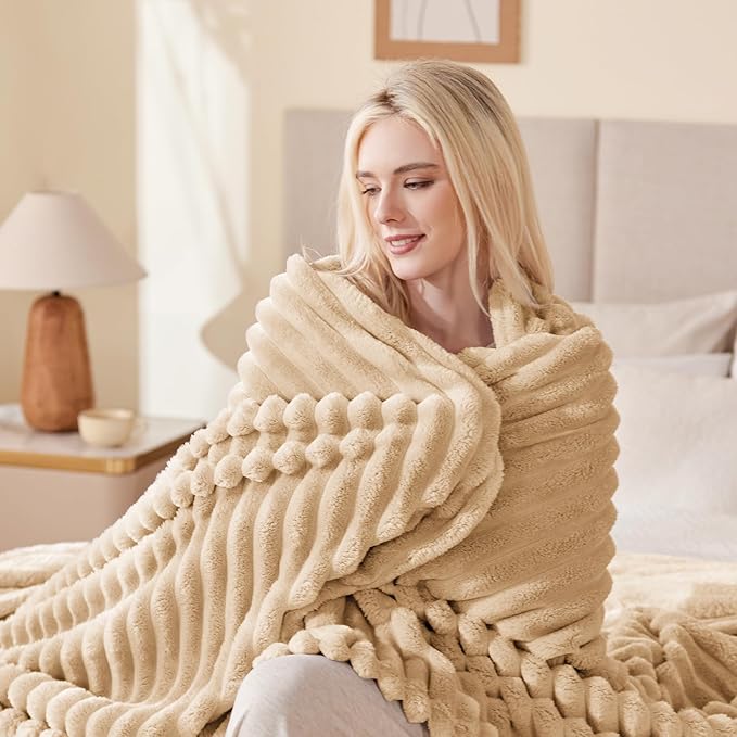 EXQ Home Fleece Blanket Twin Size for Couch or Bed - 3D Stripe Jacquard Decorative Blankets - Cozy Soft Lightweight Fuzzy Flannel Blanket Suitable for All Seasons(60"×80",Camel)
