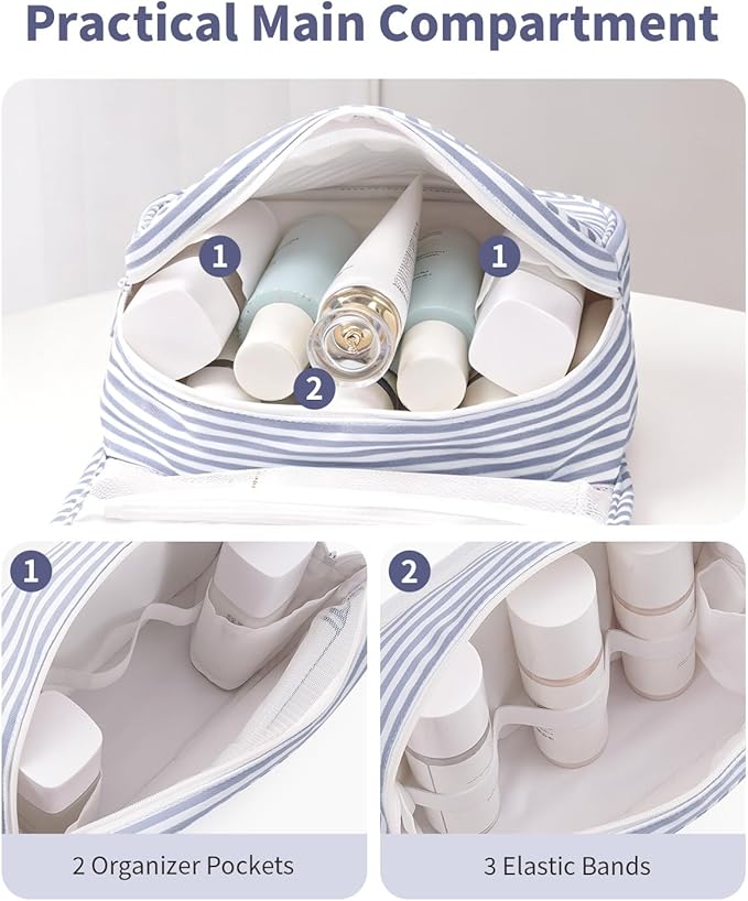 Narwey Small Hanging Toiletry Bag for Travel Women Girl, Striped Toiletries Travel Bag with Hook, Hanging Makeup Bag Organizer Make Up Cosmetic Bags (Greyish Blue Stripe)
