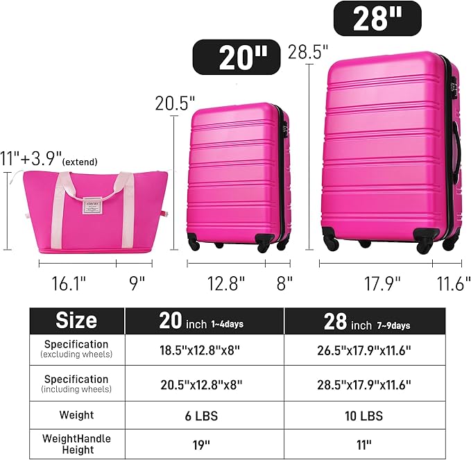 Merax Luggage Sets 2 Piece Expandable Hardside Luggage with Travel Bag Suitcase Set with Spinner Wheels(20+28+bag,Pink-1)