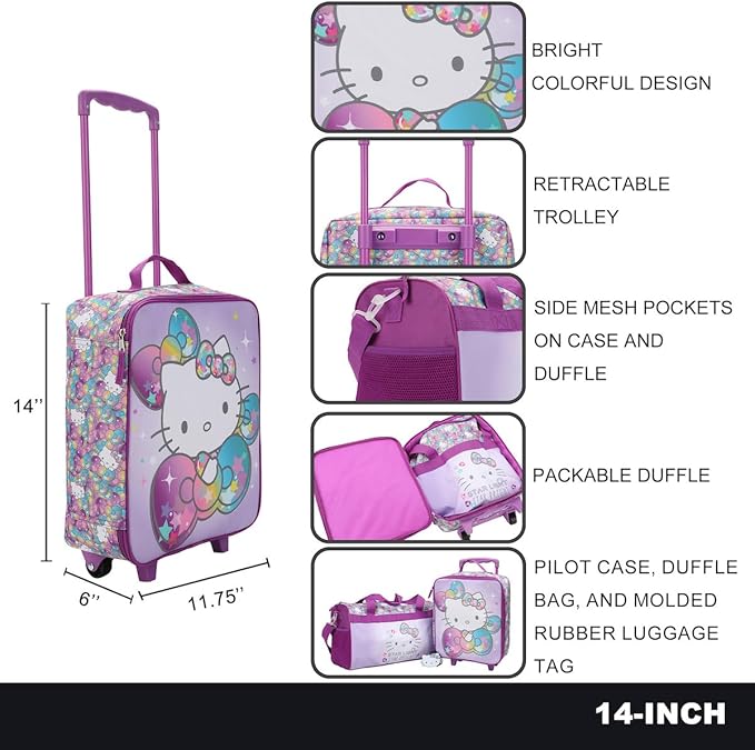 Bioworld Hello Kitty Starshine 3-Piece Youth Pilot Case Duffle Bag & Luggage Tag Carry On Luggage