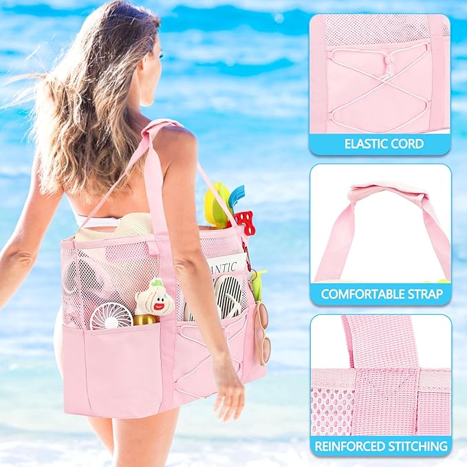 Fammart Mesh Beach Bag, Large Beach Tote with Zipper Pocket, Toys Pool Bag for Family Travel Vacation Cruise Essentials