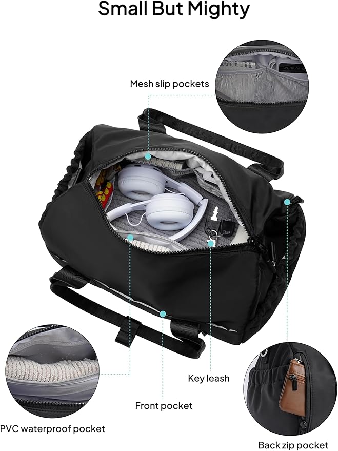 TOPEAST Small Gym Bag for Women, Mini Sports Yoga Bag Gym Tote Bag with Yoga Mat Holder, Small Sports Duffle Bag with Water Bottle Pocket & Wet Pocket for Travel Dance Workout, Black