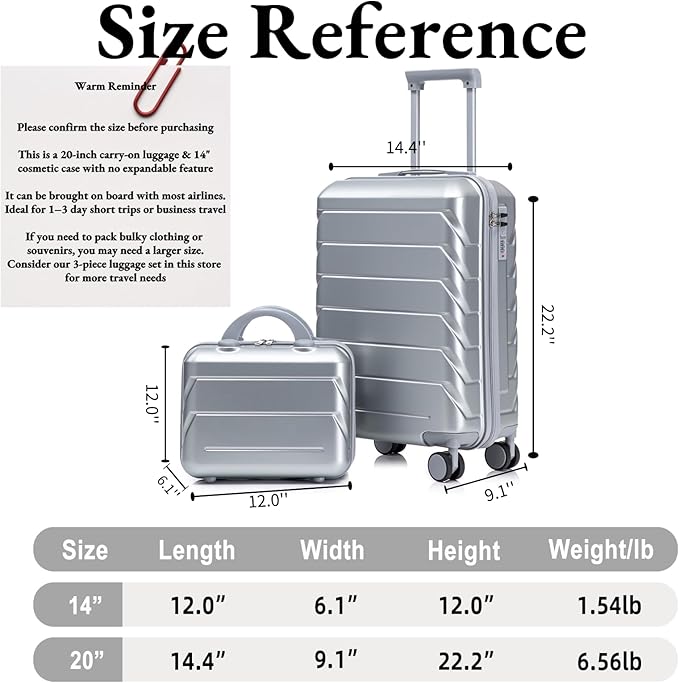 2-Piece ABS Hard Shell Lightweight Carry-On Luggage Set (14" & 20"), 360-Degree Spinner Wheels, Adjustable Telescopic Handle and Combination Lock for Travel, Silver