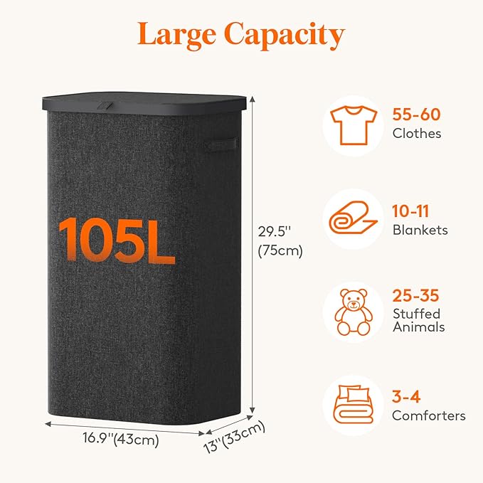 Lifewit 105L Large Laundry Basket with Lid, Laundry Hamper with Plastic Handles and Removable Bag, Foldable Tall Dirty Clothes Hampers for Laundry for Laundry Room, Bedroom, Bathroom, Dorm, Dark Gray