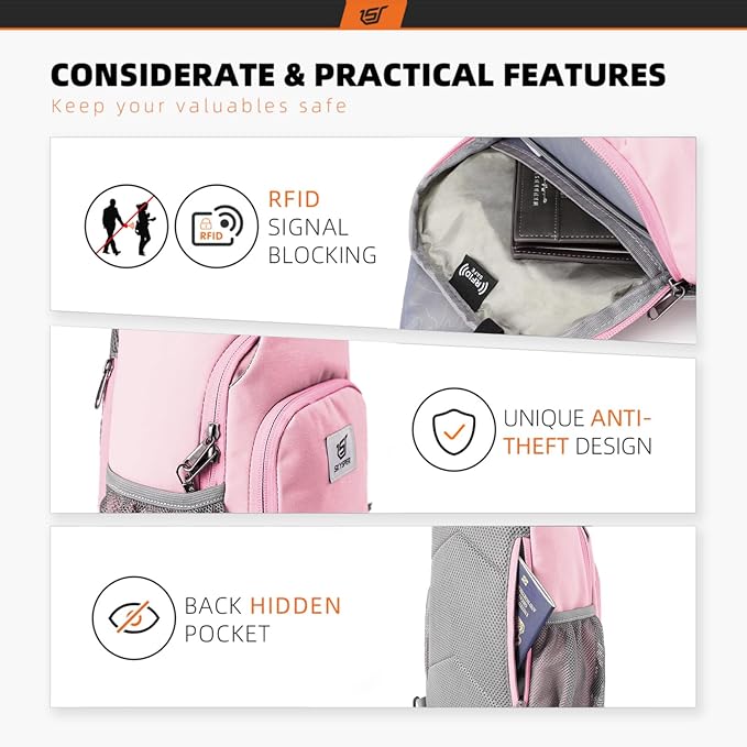 SKYSPER Sling Bag RFID Crossbody Sling Backpack Cross Body Shoulder Bag Travel Hiking Daypack for Women Men(Pink)