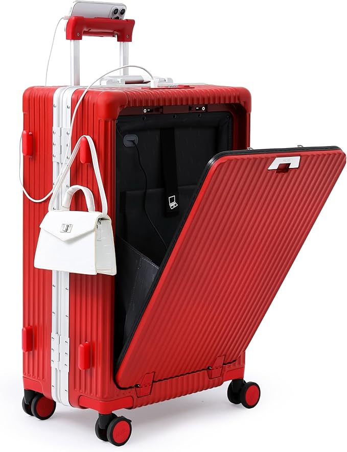 Nobl Travel Zipperless Check In Suitcase - Aluminum Frame, Medium Check In luggage 27x17.5x10.4 Airline Approved by Noble Travel - Polycarbonate Shell - TSA Locks, 360° Spinner Wheels - Cherry Red