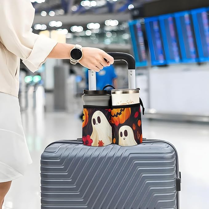 Halloween Ghost Pumpkin and Poppy Luggage Cup Holder Travel Portable Free Hand Drink Carrier Suitcase Drinks Beverage Holder Carry-On Bottle Mug Holder Organizer Bag Travelers Accessories