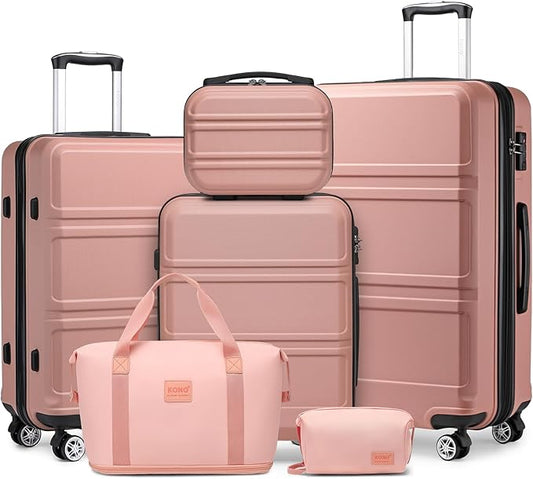 Kono Suitcase Luggage Set Expandable(only 28") Lightweight PC+ABS Carry On Hardside Luggage with TSA Lock Spinner Wheels (Nude/Rose Pink, 6 piece set)