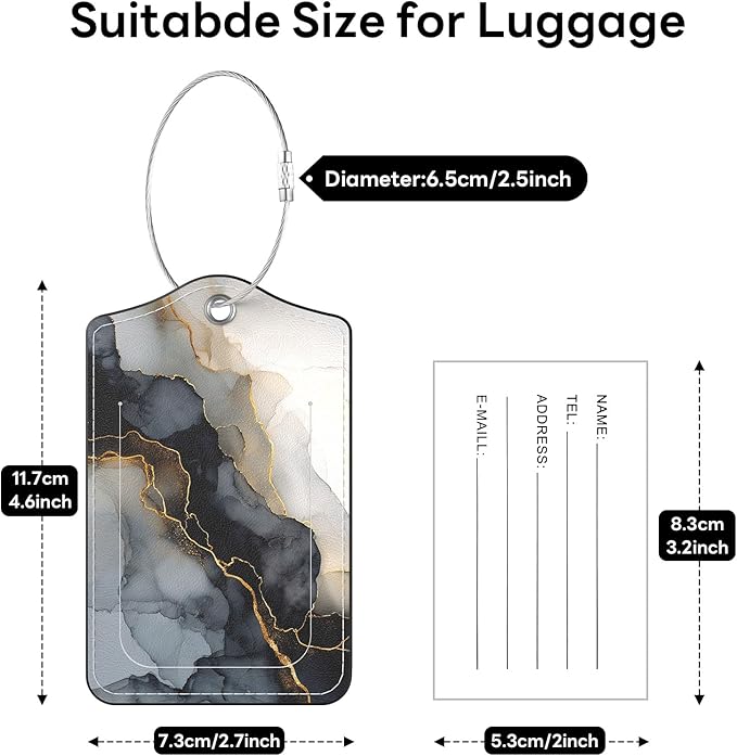 2 Pack PU Leather Luggage Tags for Suitcases, Privacy Protection Cover with Stainless Steel Loop and Address Card, Travel Cruise Essentials (Black Gold Marble)