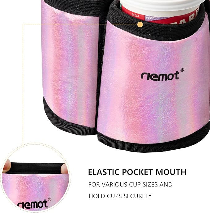 riemot Luggage Travel Cup Holder Free Hand Drink Carrier - Hold Two Coffee Mugs - Fits Roll on Suitcase Handles - Gifts for Flight Attendants Travelers Accessories Glitter Pink