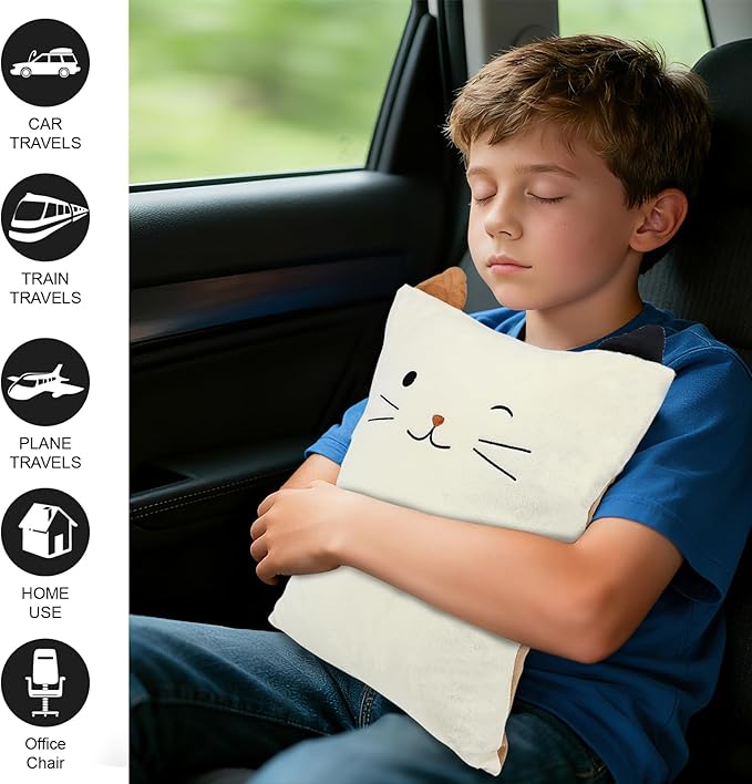 3-in-1 Cat Travel Blanket and Pillow Set for Kids, Soft Snuggle Pillow with Hand Warmer, 40x60 Inch Cute Cat Blanket, Compact for Travel, Camping, Home and Office