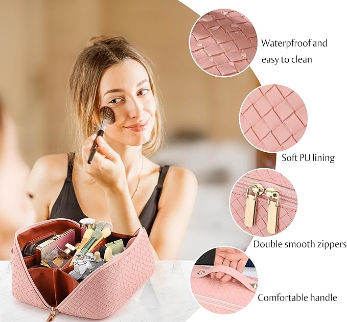 Large Capacity Travel Cosmetic Bag - Portable Makeup Bags for Women Waterproof PU Leather Checkered Makeup Organizer Bag with Dividers and Handle,Toiletry Bag for Cosmetics