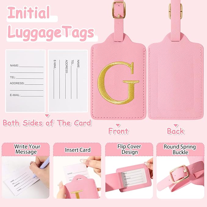Initial Luggage Tags for Suitcases, Cute Embroidered Letter Luggage Bag Suitcase Identifier Name Baggage Tag, PU Leather Travel Luggage Tags, Bag Tags for Men Women Kids Luggage Handbags(Pink G)