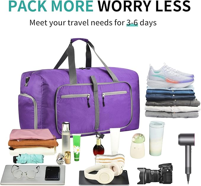 Dimayar Travel Duffle Bag for Men Women - Foldable Duffel Bag with Shoes Compartment - Overnight Bags Waterproof & Tear Resistant(115L,Purple)