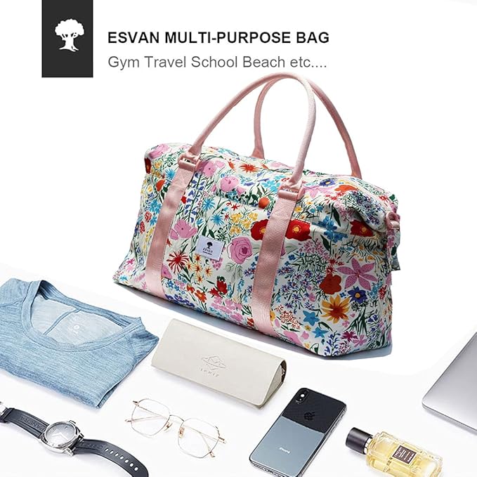 ESVAN Travel Tote Duffel Gym Bag,Weekender Overnight Carry-on Tote Crossbody Bag with Wet Pocket and Trolley Sleeve Upgraded