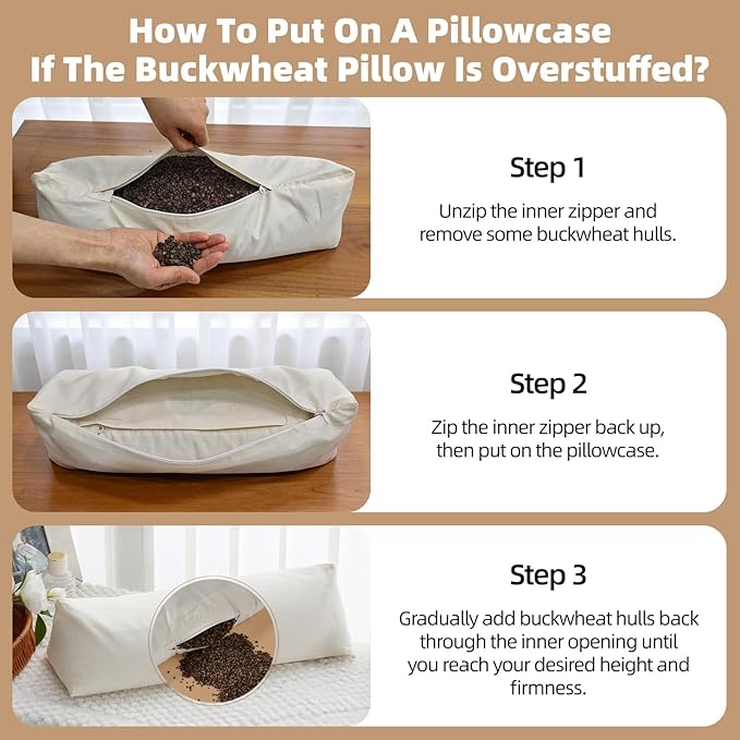 LOFE Buckwheat Pillow - Adjustable Buckwheat Neck Pillow(17x6) to Provide Firm Support, Neck Roll Pillow for Side and Back Sleepers, Bolster Pillow with Organic Pillowcase, Triangle Pillows