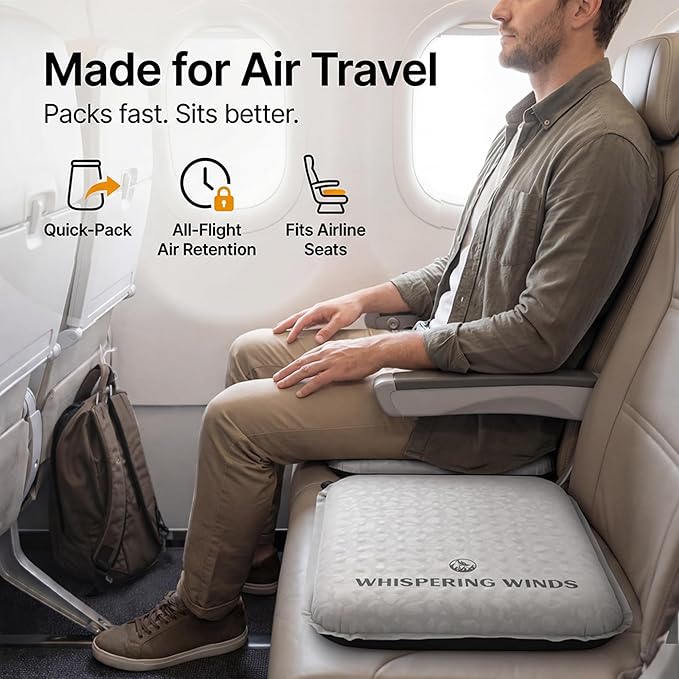 Whispering Winds Inflatable Seat Cushion - Comfortable Blow-up Foam Pad for Airplane, Travel, Stadium, Outdoors, Camping, Car & More