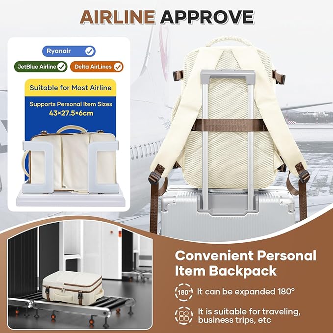 Travel Backpack For Women Men Carry on Backpack Luggage Flight Approved Personal item Travel Bag Essentials Mochila de viaje Laptop College Backpack Beige Brown