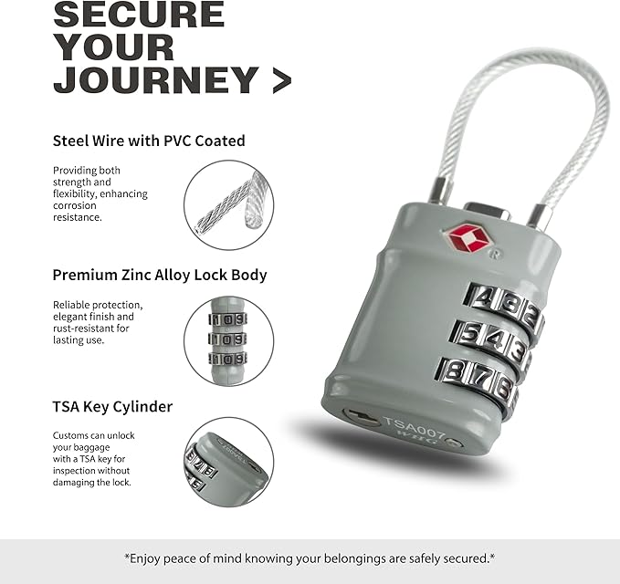 Suitcase Locks TSA Approved, Small Combination Cable Padlock, TSA Locks for Luggage, Combo Padlocks with Code for Backpack Zipper, Gym Locker, Ammo Can, Guitar Gun Case, Box (Black+Gray)
