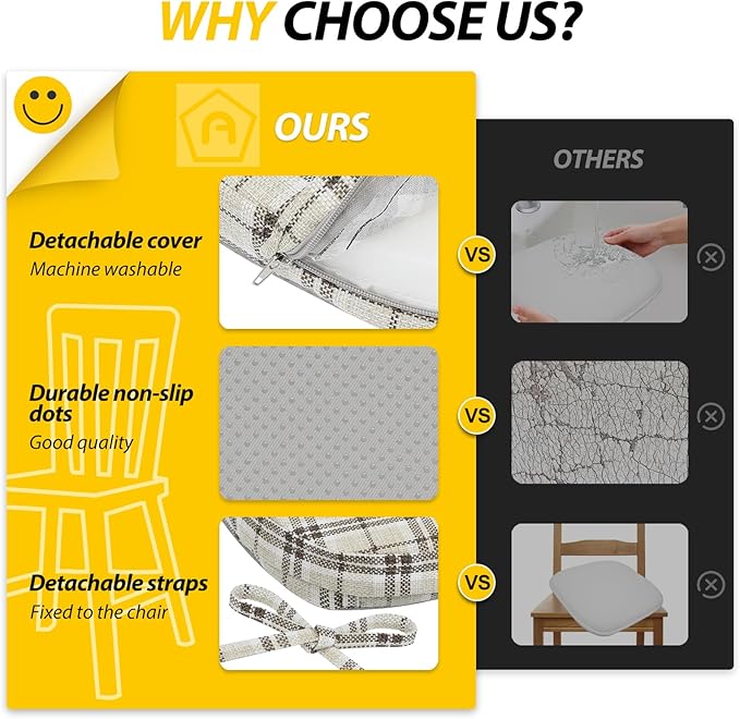 AAAAAcessories D-Shaped Chair Cushions, 2" Thick Dining Chair Pads with Ties and Removable, Machine-Washable Cover, 17" x 16", Set of 6, Yellow Checkered