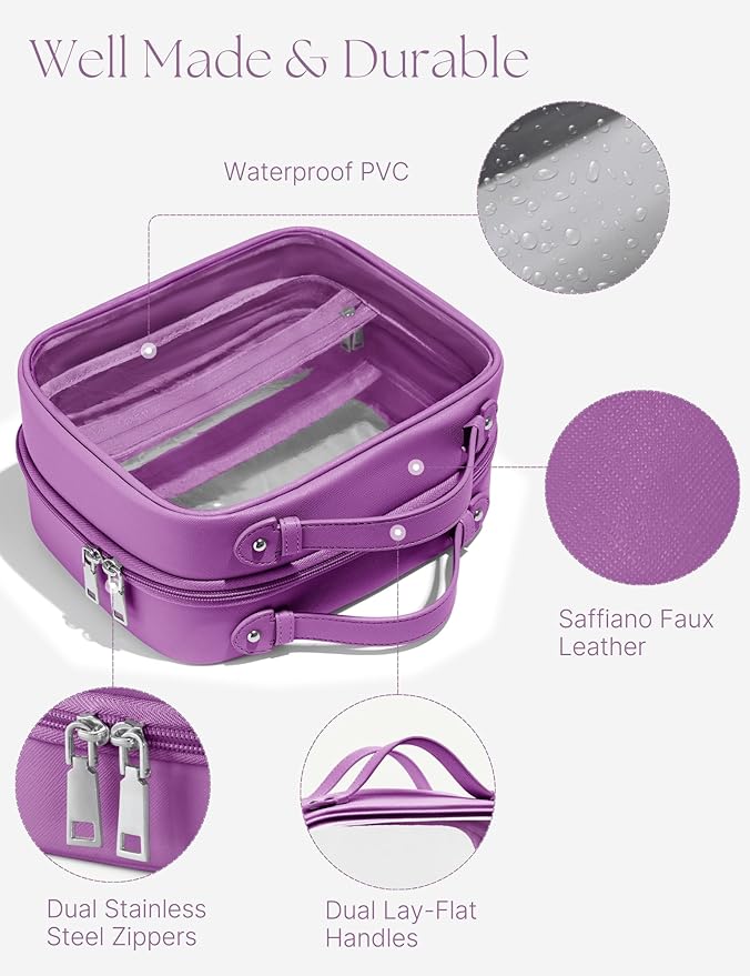 Clear Cosmetic Bag Double Layer Travel Toiletry Bag Clear Makeup Bag Case with 4 Compartments, Transparent Travel Bag for Toiletries, Large Toiletry Bag for Women Cosmetic Case (Purple, Large)