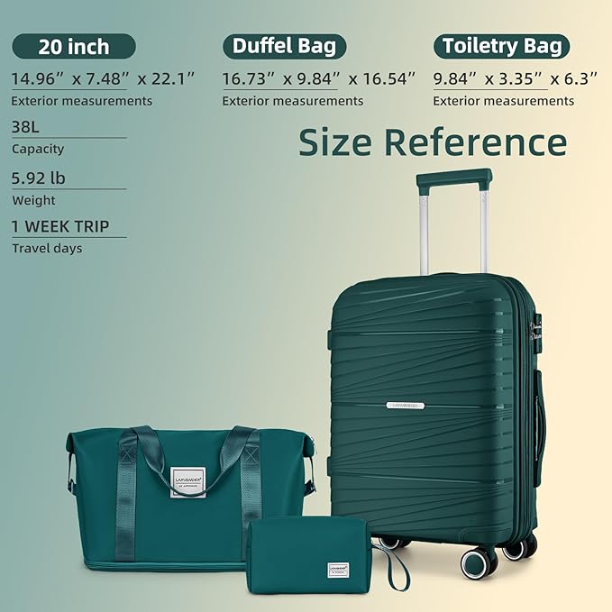 LARVENDER Carry On Luggage 22x14x9 Airline Approved, 20 Inch Hardshell & Lightweight PP Carry On Suitcase for Women with Spinner Wheels TSA Lock, Dark Green