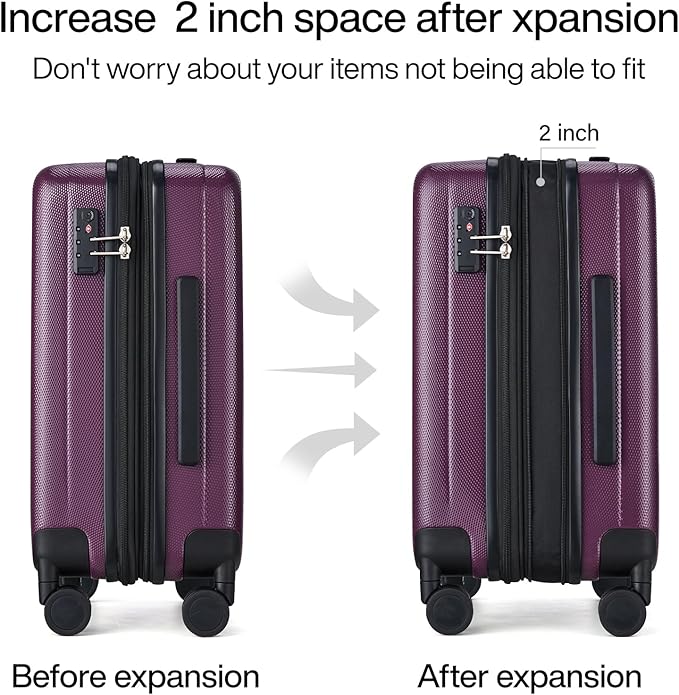 Hanke 20 Inch Expandable Carry on Luggage 22x14x9 Airline Approved Lightweight PC Hard Shell Suitcases with Wheels Tsa Luggage Rolling Suitcase Travel Luggage Bag for Weekender(Purple)