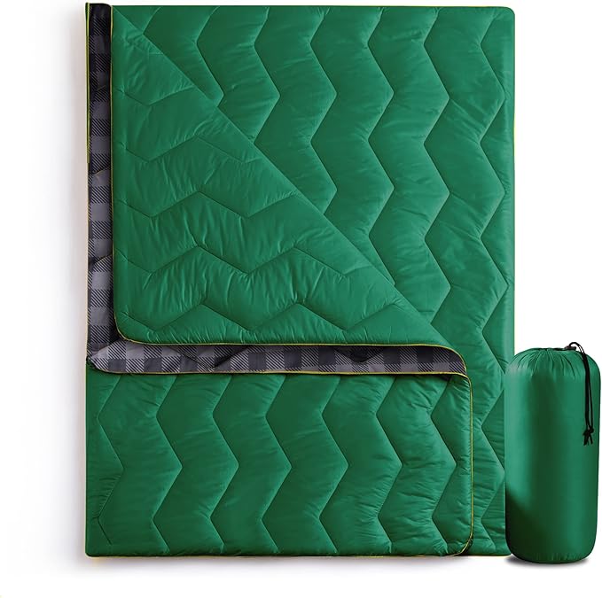 UNIKOME Waterproof Puffy Camping Blanket - Lightweight Packable Outdoor Quilt with Corner Loops, Warm Compact Blanket for Cold Weather Hiking Picnic Stadium Travel, 75"×52", Green