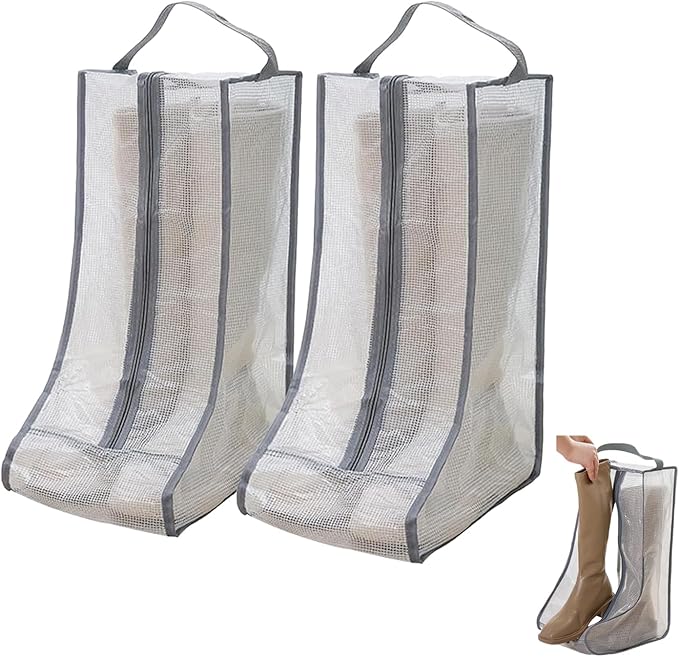2 Pack Portable Water-Resistant Dust Proof Boot Storage Bags with Handle | Washable Shoe Bags for Travel & Closet Organizing (Long)