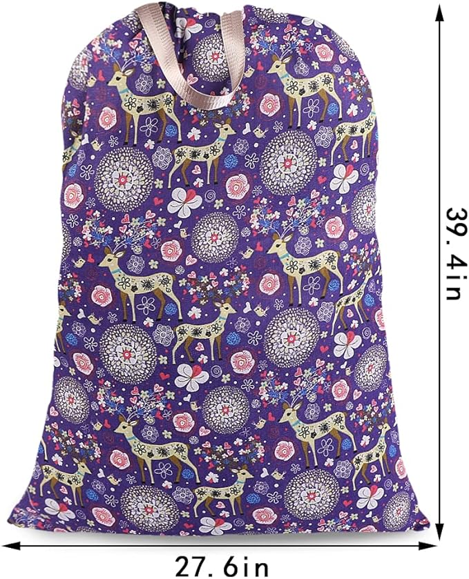 Sanlykate Extra Large Laundry Bag with Drawstring Closure and Handle, 28 x 40 Inch Heavy Duty Travel Dirty Clothes Bag for Laundromat and Household, Purple Deer