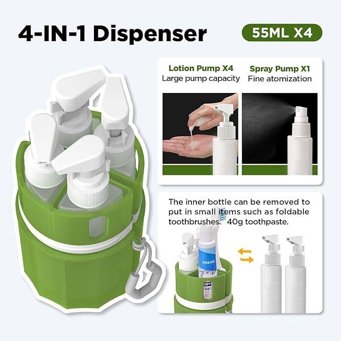 Travel Bottles for Toiletries, TSA Approved Travel Shampoo and conditioner Bottles with Suction Cups, Green