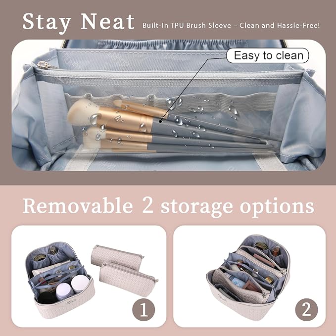 BOYATU Travel Makeup Bag Cosmetic Bags for Women: Large Capacity 3 Pcs Set Make up Bag with Compartments - Waterproof Vegan Leather Toiletry Organizer Bags with Handle (L18 Beige)