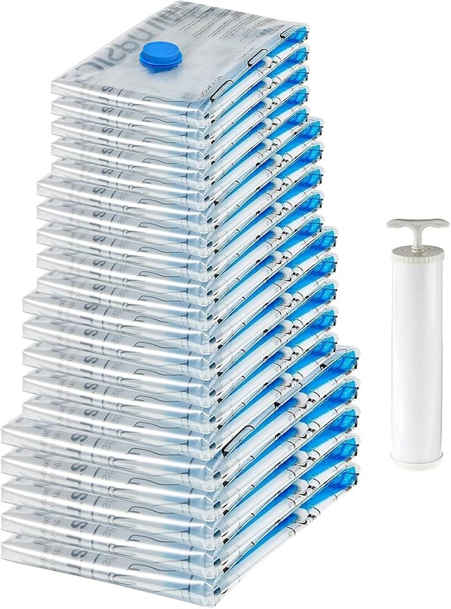 Amazon Basics Vacuum Storage Bags with Hand Pump for Travel, Space Saving Compression Bags for Clothes, Clothing, Blankets and Duvets, Clear, 20 Pack (5 Small, 5 Medium, 5 Large & 5 Jumbo)
