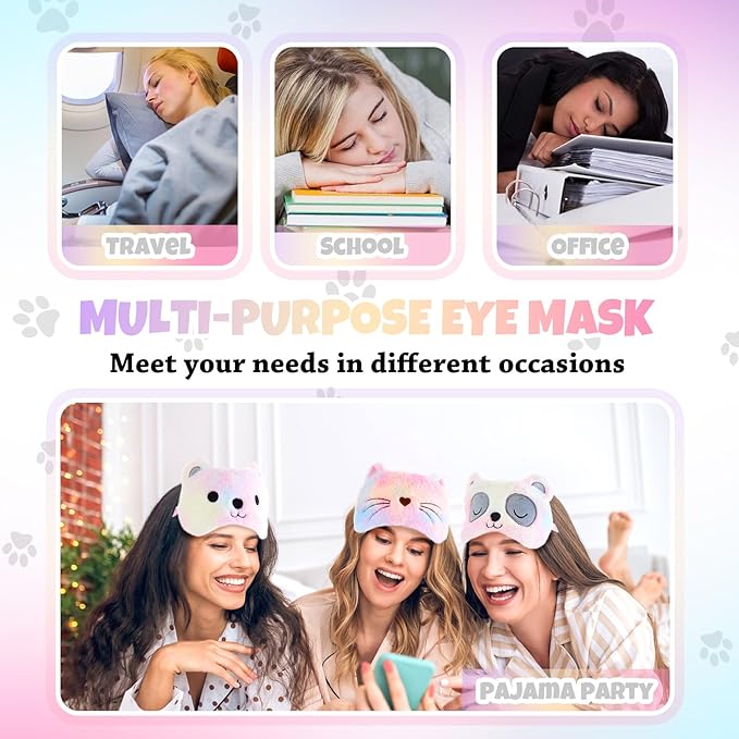 Geyoga Sleep Mask for Kids, Girls Plush Sleeping Eye Cover Soft Eye Blindfold Cover Animal Shade for Kids(Colorful,Cat, Bear, Panda Style)