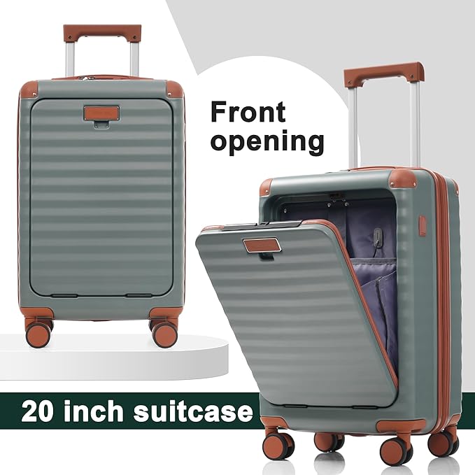 Merax Luggage Sets Front Opening, 3 Piece Hardshell Suitcase with Spinner Wheels and Bags,Lightweight Carry on Luggage with USB Port and Cup Holder,20+24+28,Grey Green