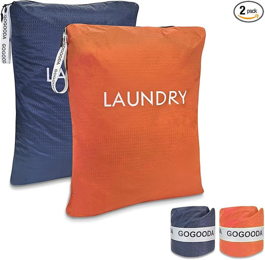 GOGOODA Travel Laundry Bags – Packable & Splash-Resistant Clothes Organizer with Handle | Lightweight, Foldable & Space-Saving for Suitcase, Gym, Beach & Business Trips (Navy Blue & Orange)