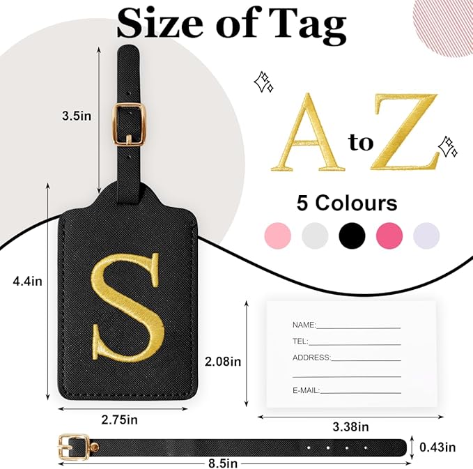 Personalized Initial Luggage Tags for Suitcases,Leather Letter Cute Luggage Tags with Privacy Name Card,Embroidered Monogrammed Travel Bag Backpack Tag Gifts for Women Kids Girls Teens(Black-S)