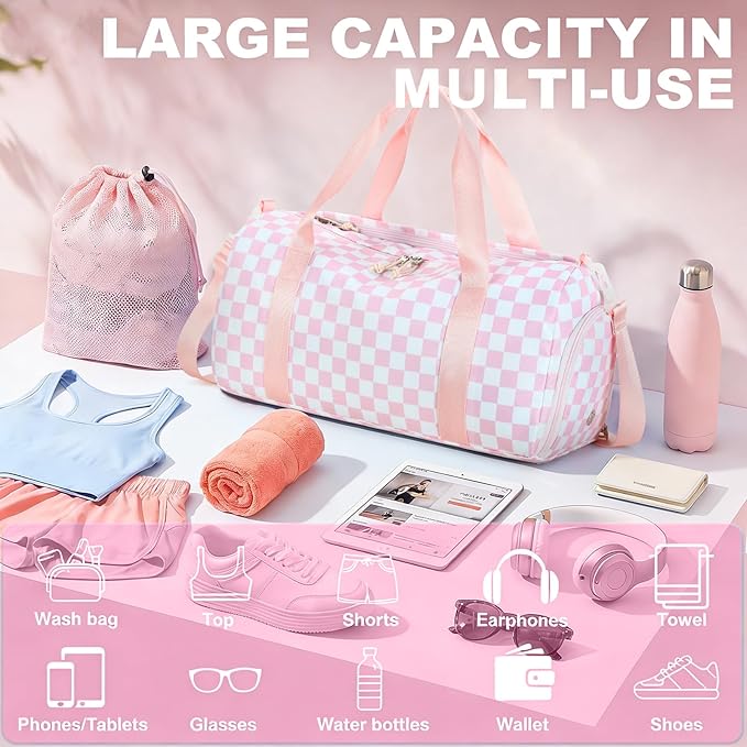 LEDAOU Duffle Bag Girls Kids Cute Dance Bag with Shoes Compartment Gym Bag with Wet Pocket Sports Overnight Travel Bag (Pink Checkered)