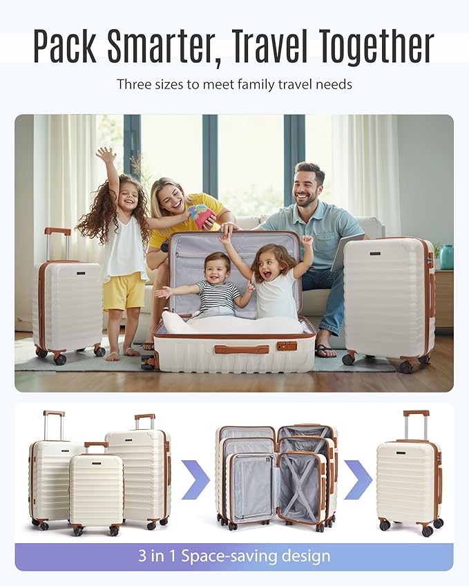 LIGHT FLIGHT Luggage Sets, 3 Piece Durable Suitcase Set with Spinner Wheels, 3 Pcs Hardside Lightweight luggage with TSA Lock, Large Checked Travel Suitcases, 20/24/28 Inch,White
