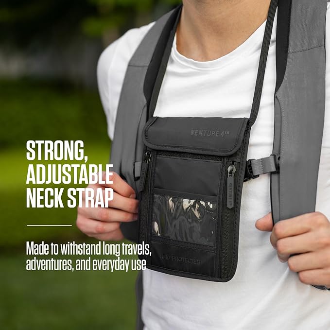 VENTURE 4TH Neck Wallet for Women & Men – RFID Blocking Passport Holder for Travel, Hidden Neck Pouch with 6 Compartments, Slim Lightweight Travel Organizer with Adjustable Strap (Sleek Black)