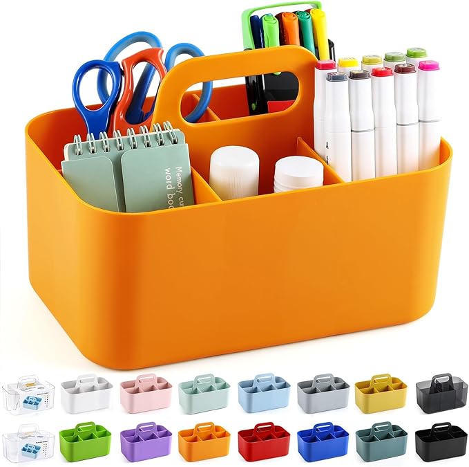 Multiuse Caddy Organizer with Handle, Portable Divided Plastic Tote Bin - Art Craft, Stationary Pen Marker Crayon, Makeup Hair Supplies Storage - Bathroom, Classroom, Dorm, Office, Desk Holder -Orange