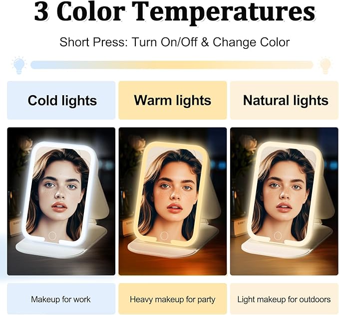 Rechargeable Travel Mirror with Light, LED Makeup Mirror with Lights, Portable Vanity Mirror with 3 Color Lighting, Touch Dimmable Lighted Cosmetic Mirror, Travel Essentials for Women (Beige)